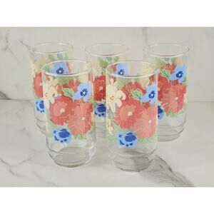 Flower Drinking Tall Glasses Floral 16oz Tumblers 6" Indiana Glass 60's x5 Vtg